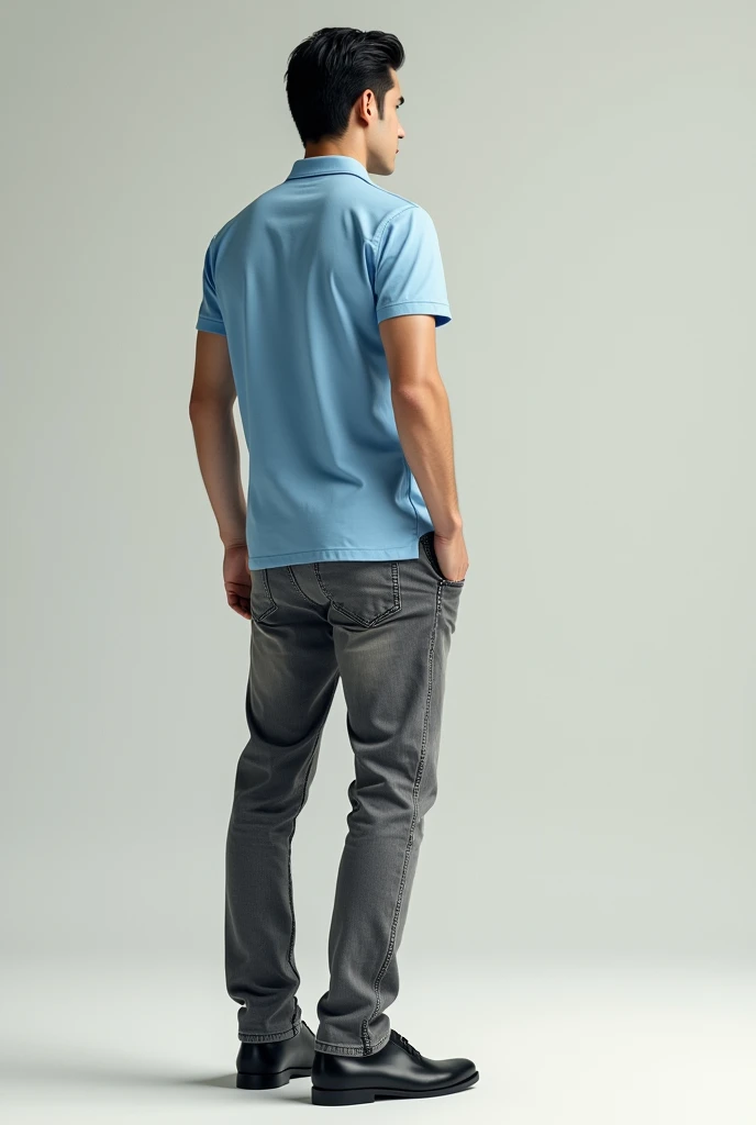Make me a picture of a pale-skinned man with jet-black hair, a short-sleeved light blue polo shirt, slightly loose gray jeans, and black dress shoes that can be seen from behind. 