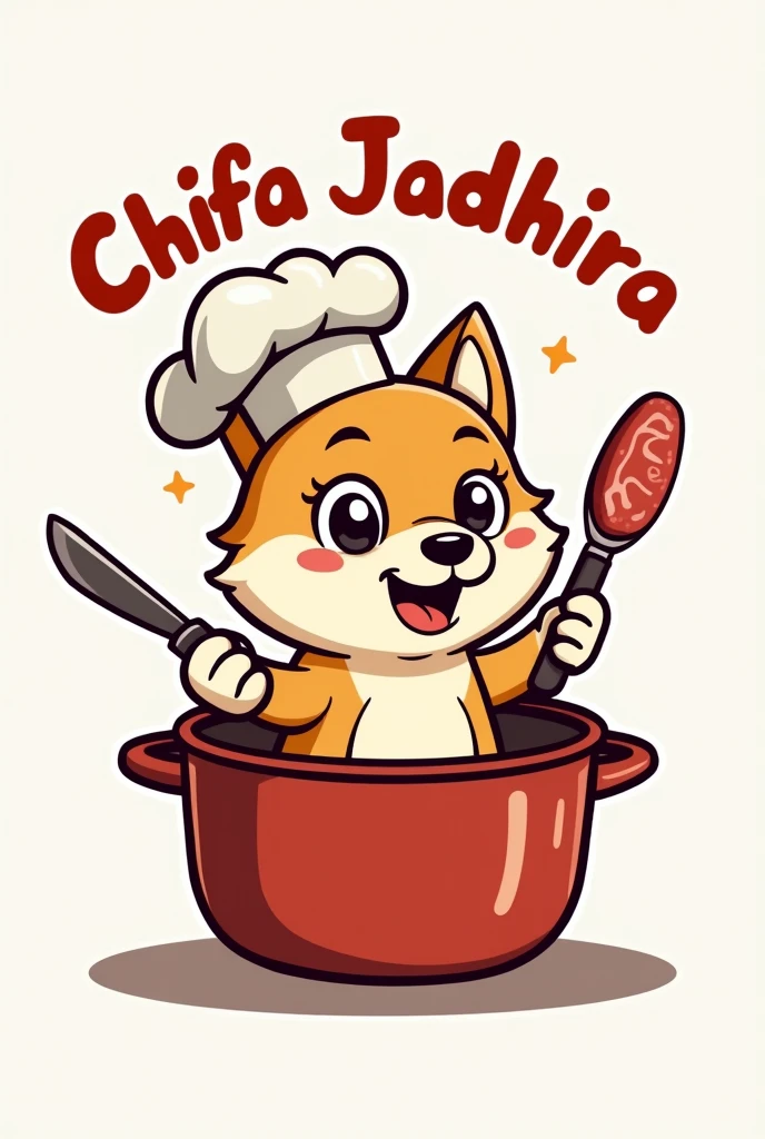 The logo of a chifa has “Chifa Jadhira” written on it and has the image of a cute Siberian dog in a pot with a chef&#39;s hat and a knife in his hand wanting to cut his meat to put it in the pot. 