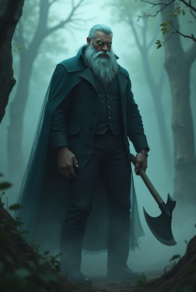 A handsome grandfather with blue hair and beard,with elegant black pants and shirt,bright green eyes,that is in a foggy forest,that has an axe,angry and scary looking and beardless and with a fancy bang 