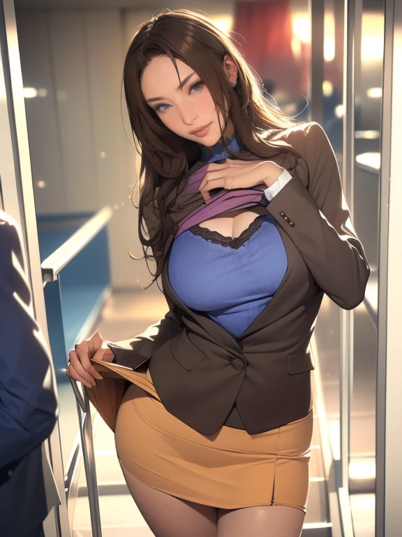 (8k,Photorealistic, masutepiece, Best Quality, Raw photo:1.4)、1woman in, 25years old,Solo,beautiful woman, Long hair, Brown hair, Detailed beautiful face, alluring face, (Detailed beautiful brown eyes:1.2), sagging breasts,(loose suit, mini-Skirt :1.35), ( Perfect body skinny beauty: 1.4),( sexy Pose:1.3), (Looking at Viewer, front view,eyes focus:1.2), Detailed background, (sunset:1.2), classroom,fine detailed, intricate detailes,  Ray tracing, depth of fields, seductive smile,classroom,(open mouth:0.9),(self,up skert lift:1.9),