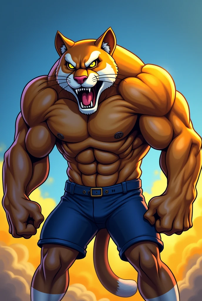 Unrealistic angry and muscular cougar animation for college athletics on blue and yellow background without clothes
