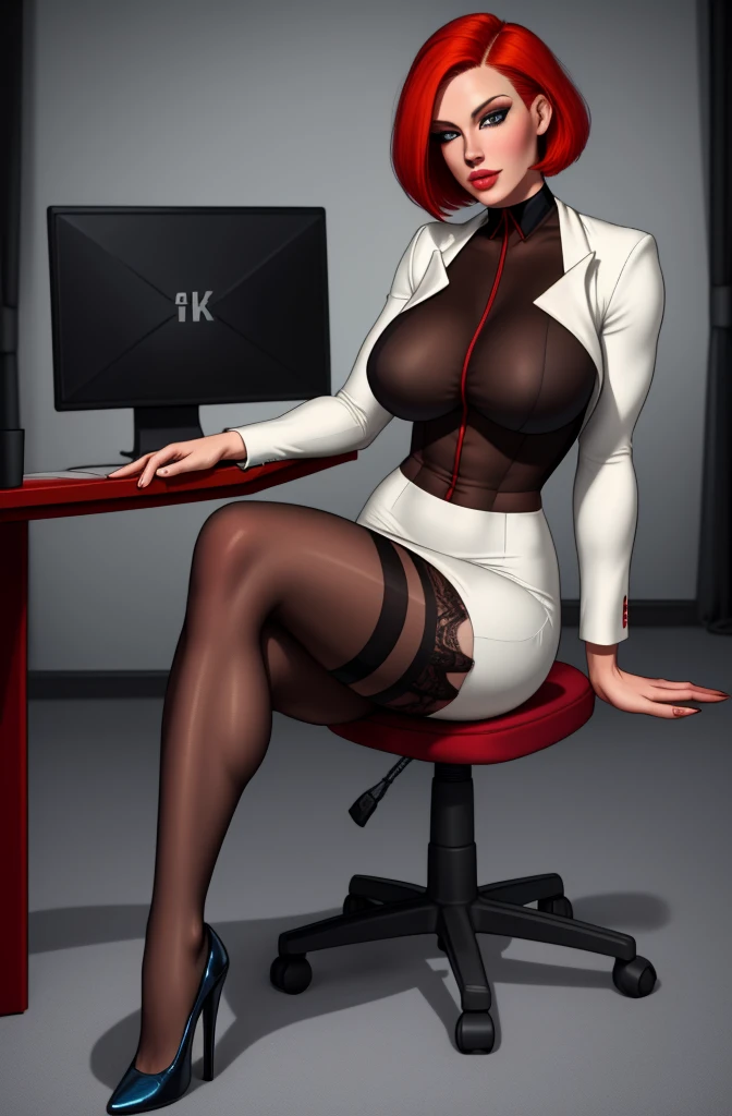 high quality,resolution:8k,realistic,Carolyn Dunn,red hair,bobcut,beautiful detailed eyes,beautiful detailed lips,white suit,pencil skirt,high heels,vivid colors,portraits,studio lighting, sitting, office chair, stockings