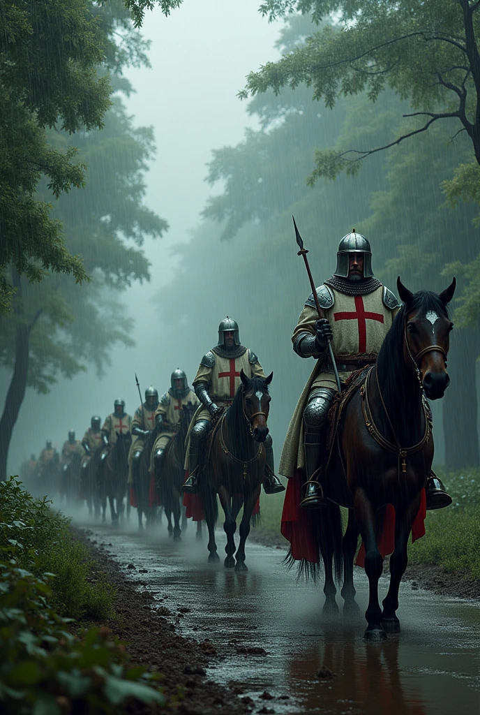 Knights Templar riding in caravan in a damp and rainy forest