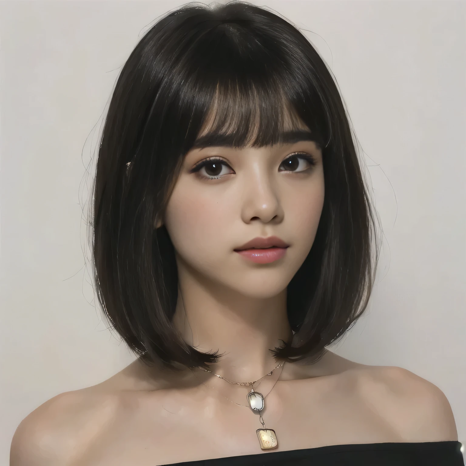 Close-up of a woman wearing a necklace around her neck, Short Hair, , she has black hair With bangs, neat hair With bangs, With bangs, , Short Hair With bangs, 