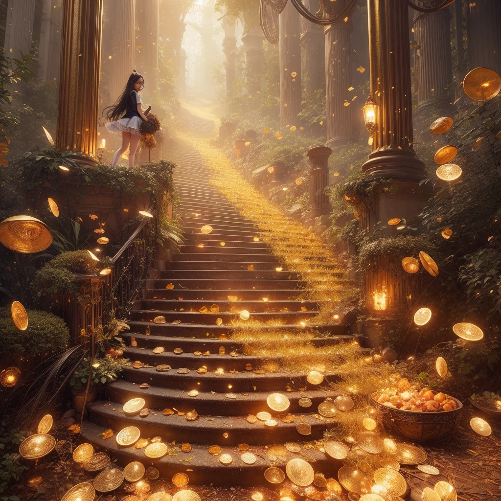 8k, masterpiece, RAW Photos, Highest quality, Realistic, extremely detailed CG unity 8k wallpaper, Depth of written boundary, Cinematic Light, Lens flare, Ray Tracing, (Very beautiful face, Beautiful Lips, Beautiful Eyes), Exquisitely detailed face, ((Highly detailed skin)) One girl, In the Dark, Deep Shadow, Cute Asian Girl, 1 girl, (Very slim slender fit-muscled body:1.3), ((View your viewers)),(Big smile:1.3), (Short skirt ), (white mini skirt ), (mini skirt ), pantyhose, Clear Eyes, walk , Front shot, (Pale skin), (Big eyes), Look forward, ((Big shirt)), (Brown Hair), (View your viewers:1.3) Very slim, Medium chest, (Camel Toe), Thick thighs, Lace Stockings, sunny, landscape, Cheerleading Clothes、Surrounded by shining gold bars