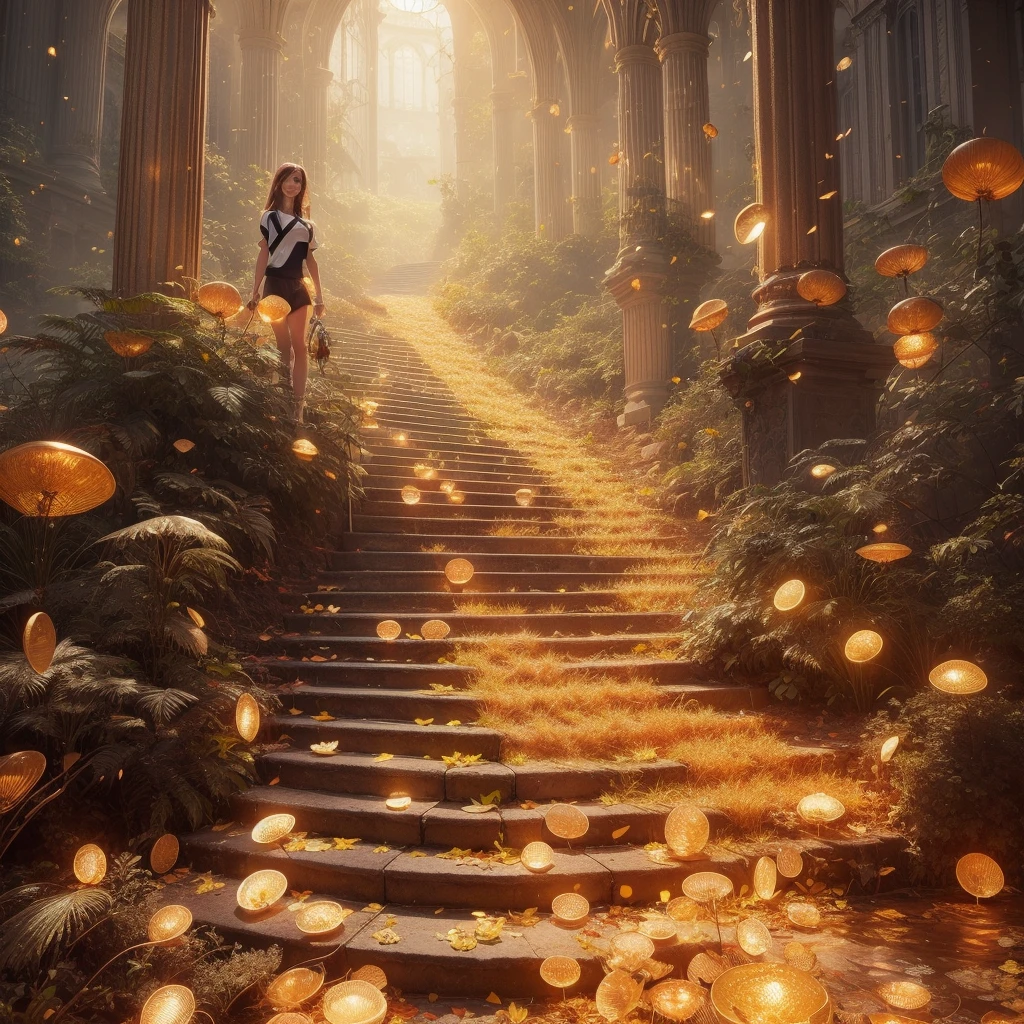 8k, masterpiece, RAW Photos, Highest quality, Realistic, extremely detailed CG unity 8k wallpaper, Depth of written boundary, Cinematic Light, Lens flare, Ray Tracing, (Very beautiful face, Beautiful Lips, Beautiful Eyes), Exquisitely detailed face, ((Highly detailed skin)) One girl, In the Dark, Deep Shadow, Cute Asian Girl, 1 girl, (Very slim slender fit-muscled body:1.3), ((View your viewers)),(Big smile:1.3), (Short skirt ), (white mini skirt ), (mini skirt ), pantyhose, Clear Eyes, walk , Front shot, (Pale skin), (Big eyes), Look forward, ((Big shirt)), (Brown Hair), (View your viewers:1.3) Very slim, Medium chest, (Camel Toe), Thick thighs, Lace Stockings, sunny, landscape, Cheerleading Clothes、Surrounded by shining gold bars