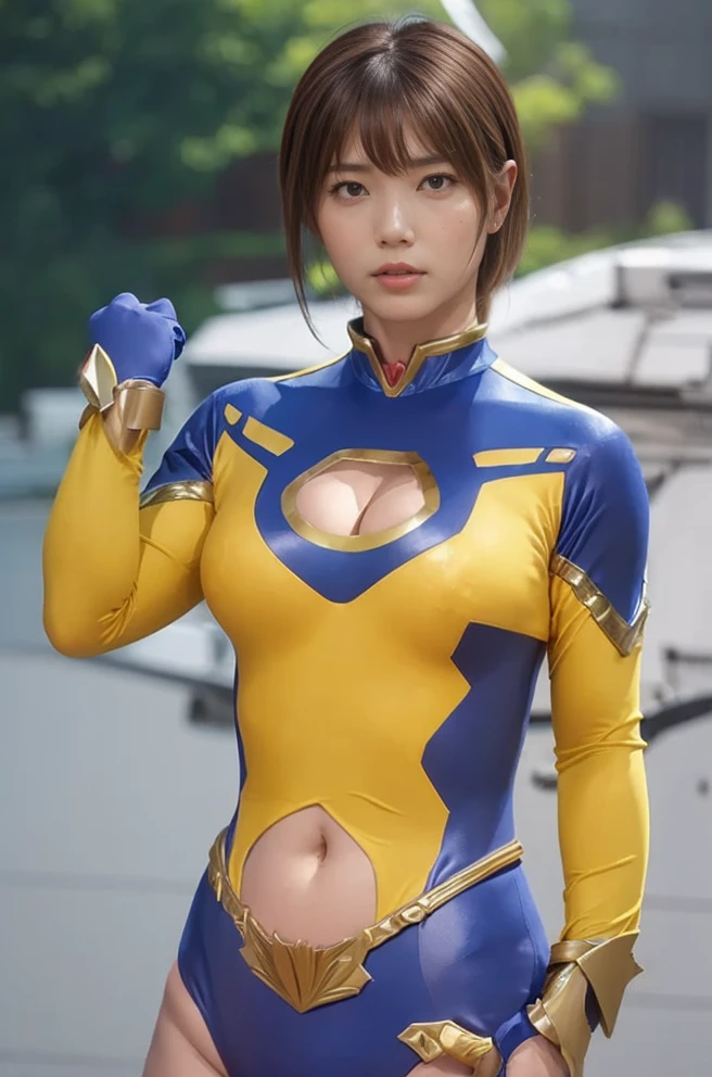 (high resolution, masterpiece, best quality, extremely detailed CG, anime, masterpiece, best quality, agrias, a woman, solo, Super Heroine Beautiful body, yellow and blue bodysuit, Wavy hair, abdominals expose, hero belt, hands on hip