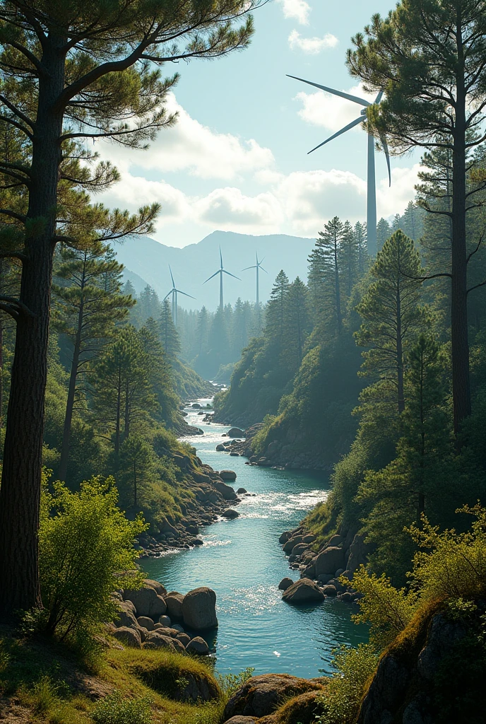 forest of native trees of southern Chile, Robles, araucaria, larches, Great Bio Bio River and a wind farm