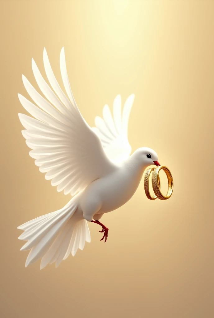 white dove of peace holding two gold rings in its beak. golden beige background