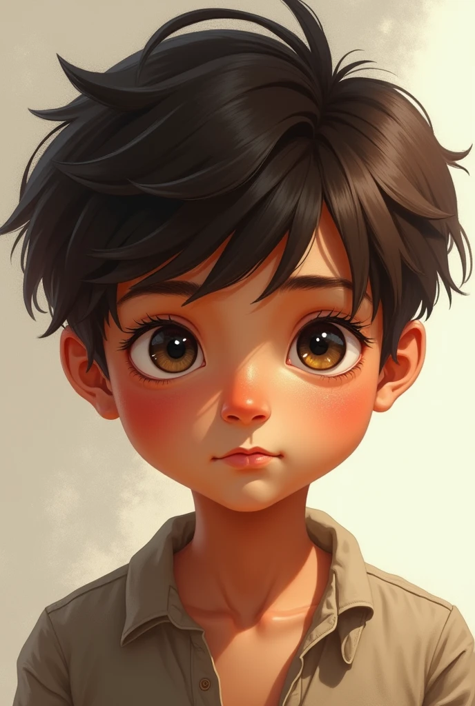 A boy with a bit of dark skin and a bit of acne, very handsome
