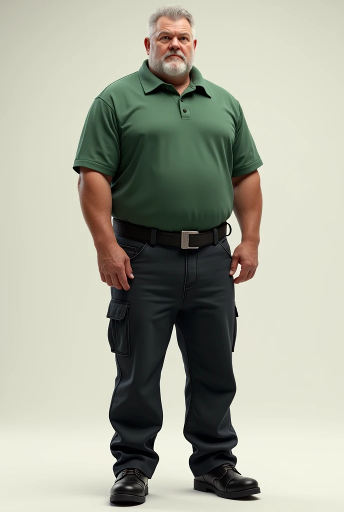 Male person wearing green short sleeved sweater , black cloth pants, black work boots 
