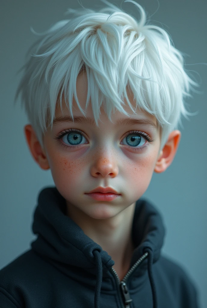 1 boy, clear pupils, White hair, skin fair, unsmooth skin, simple background, portraite, blue light, masculine, college.