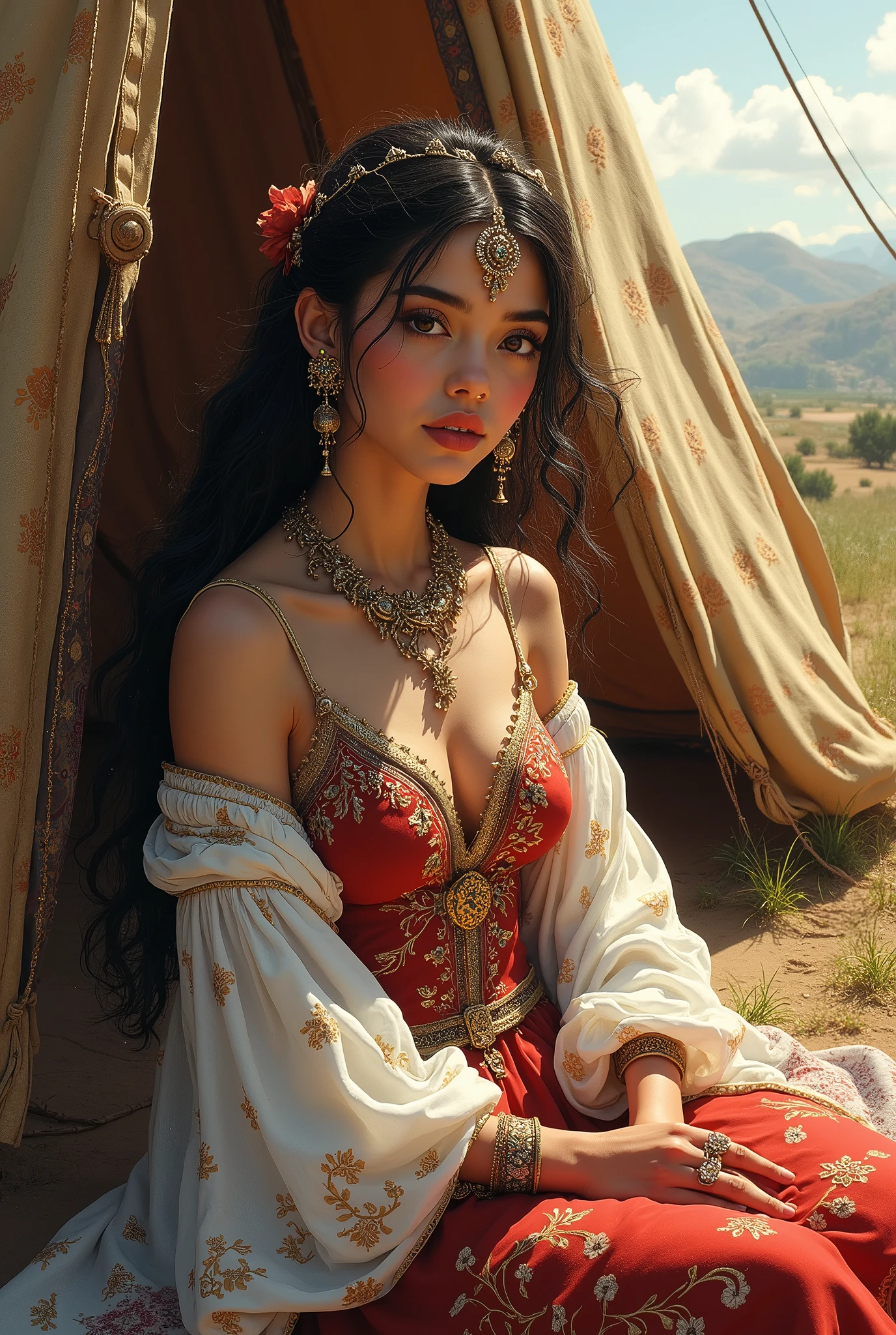 "An attractive young Moorish princess sits near a tent with a hookah" ((in the manner of Jean-Baptiste Greuze / Albrecht Altdorfer )), Palette canvas&#39;lush watercolor/acrylique, complexe, extreme detail, Complex key, ((Coup unique)), ((best quality)), ((head of&#39;artwork)), ((realistic)), 8k, impressionism: 0.2 funds of&#39;écran Full HD

