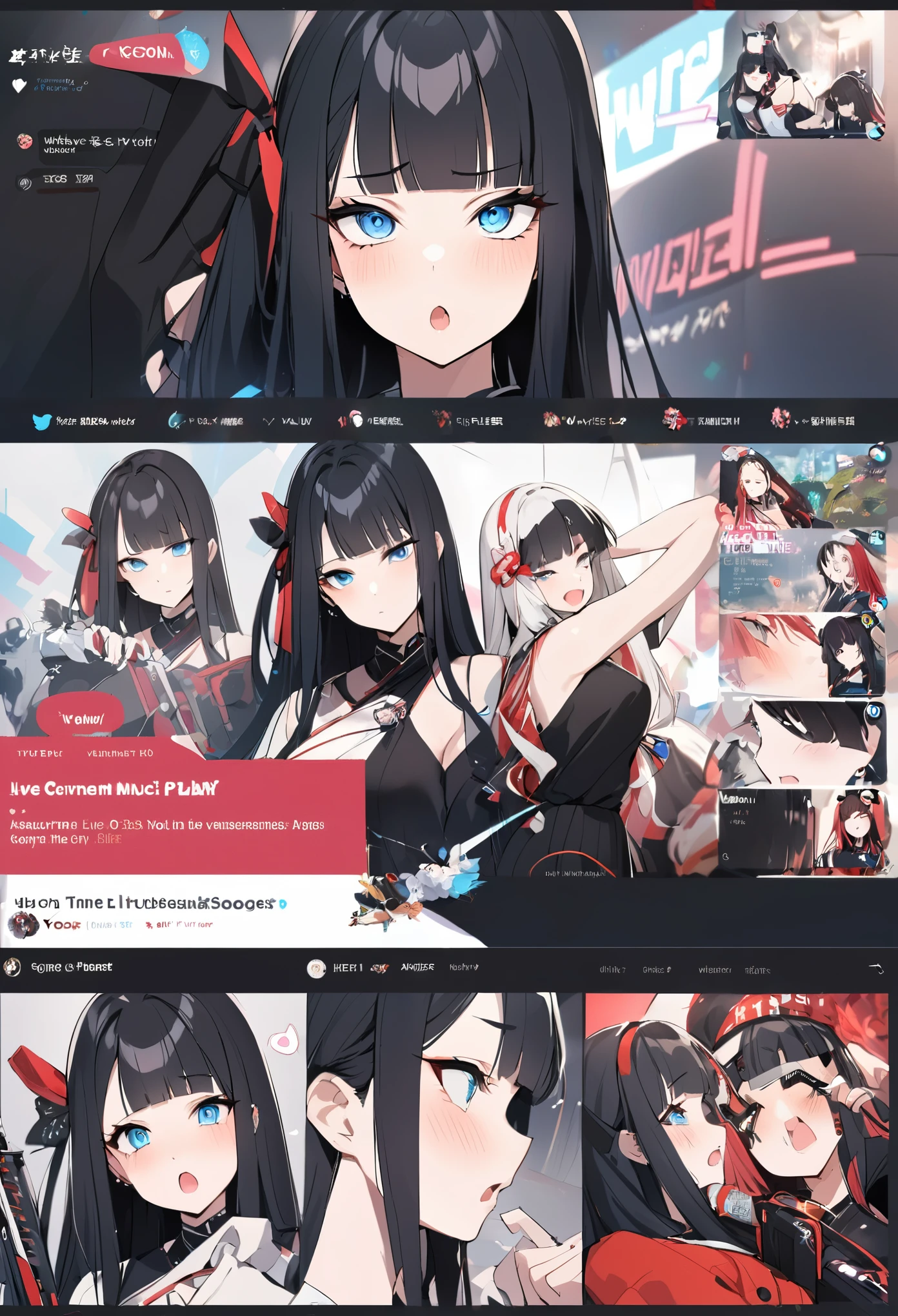 A pose of deep affection with both hands on the chest、sad、Ahegao、I play at music habs、idol、Japanese sword、rifle、gun、Virtual Character Design,Black Hair、blunt bangs、Straight Hair, face, Modern design, 1 female,Sexy concept,
A Vtuber livestream scene featuring a Japanese Vtuber with long black hair and blue eyes, wearing a black outfit with some red accents and multiple accessories. The Vtuber has a serious yet slightly playful expression and is adjusting her hair with both hands. The screen shows the Vtuber on the right side, with a lively chat box on the left side, where messages in English and Japanese are visible. The top left corner has the Vtuber’s Twitter handle and hashtag, while the top right displays the current time as 21:53. The overall style is modern and clean, capturing the essence of a real-time Vtuber interaction with a large audience.