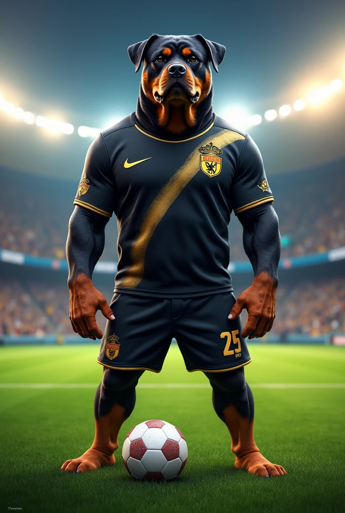 A Rottweiler as a soccer team mascot in a black and gold uniform with a ball at its feet 
