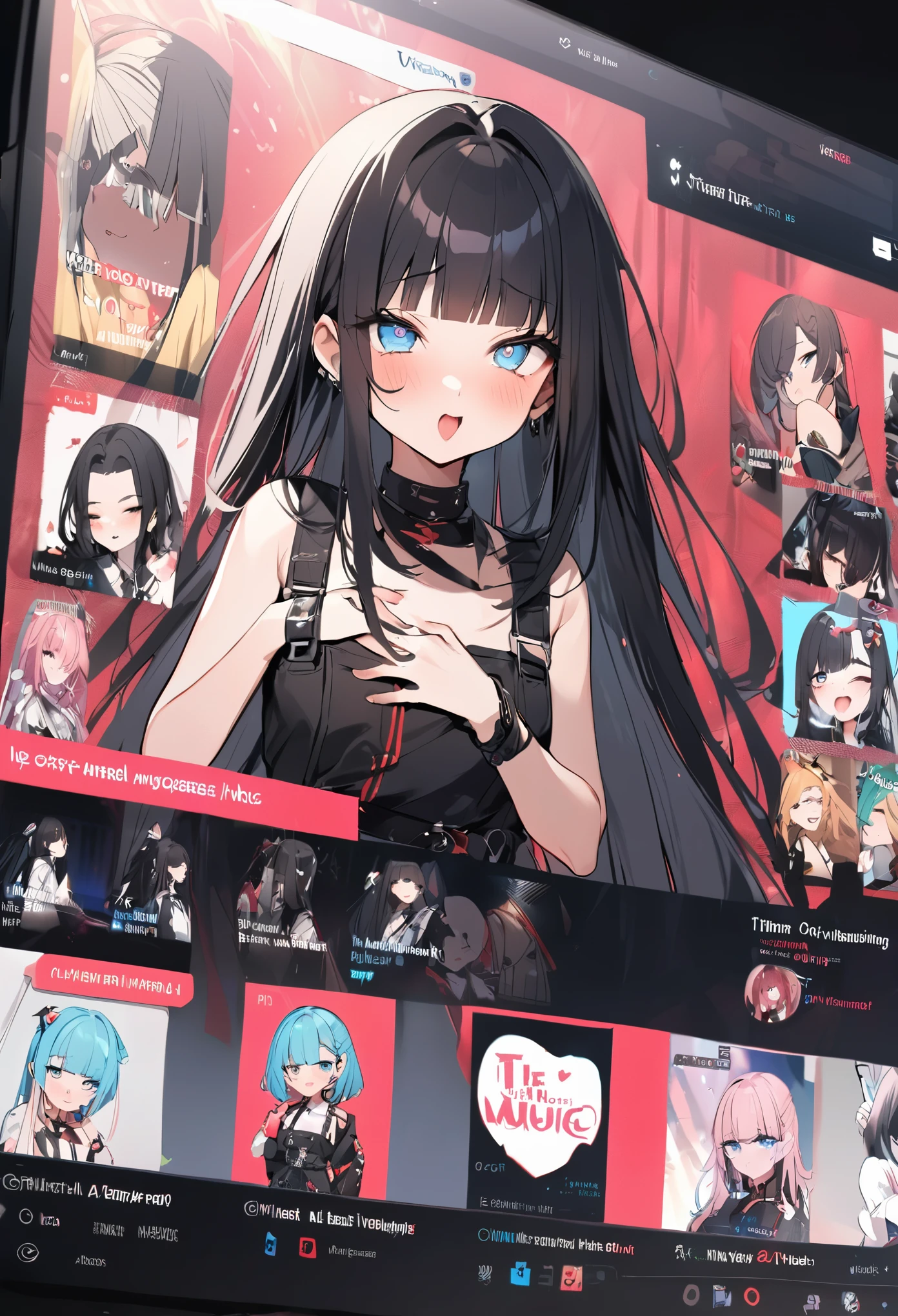 A pose of deep affection with both hands on the chest、sad、Ahegao、I play at music habs、idol、Japanese sword、rifle、gun、Virtual Character Design,Black Hair、blunt bangs、Straight Hair, face, Modern design, 1 female,Sexy concept, 
A Vtuber livestream scene featuring a Japanese Vtuber with long black hair and blue eyes, wearing a black outfit with some red accents and multiple accessories. The Vtuber has a serious yet slightly playful expression and is adjusting her hair with both hands. The screen shows the Vtuber on the right side, with a lively chat box on the left side, where messages in English and Japanese are visible. The top left corner has the Vtuber’s Twitter handle and hashtag, while the top right displays the current time as 21:53. The overall style is modern and clean, capturing the essence of a real-time Vtuber interaction with a large audience.