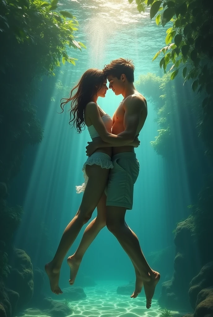 boy and girl intimate in a pool Having sex underwater