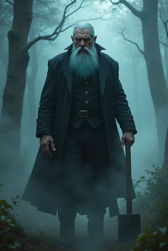 A handsome grandfather with blue hair and beard,with elegant black pants and shirt,bright green eyes,that is in a foggy forest,that has an axe,angry and scary looking and beardless and with a fancy bang 