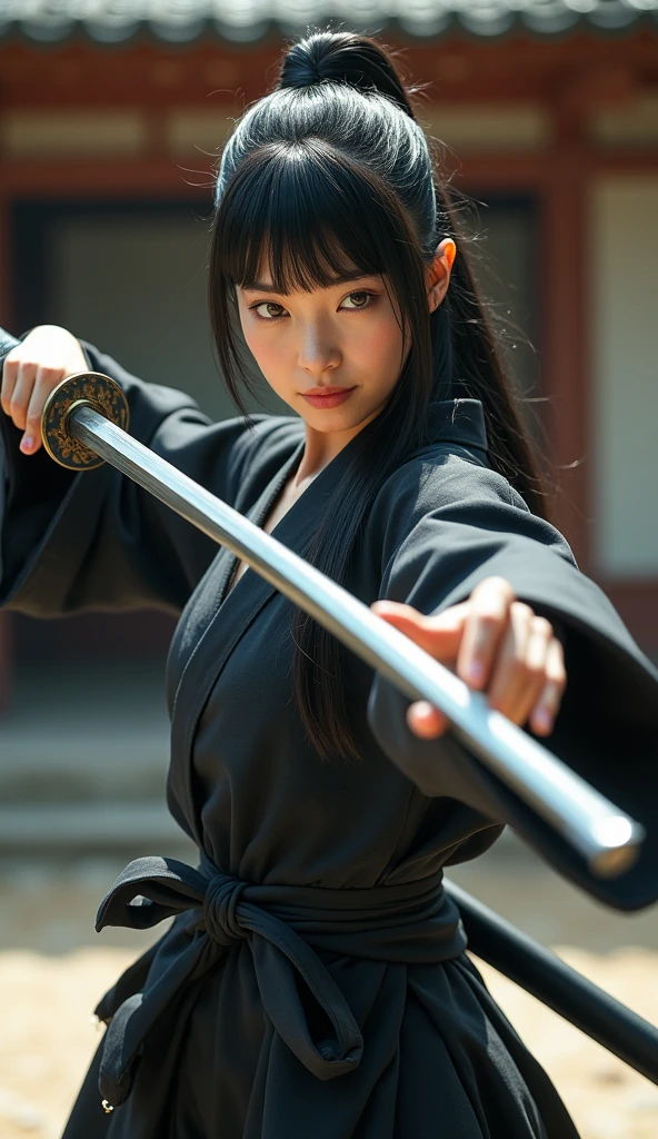((Perfect Anatomy:1.2,Realistic:1.4,RAW Photos:1.4,masterpiece、Highest quality、Ultra - High resolution、High resolution、Extremely detailed CG、8k))), 1 female,alone、1 Beauty,Japanese,((Beautiful and exquisite face and eyes:1.3,Gorgeous eyes:1.3,Grey Eyes)),Black Hair,Long Hair,Straight hair,ponytail,Blunt bangs,blush,(Medium chest,Slender body,Small Head:1.2,skinny),(Glowing Skin:1.4,Oily skin:1.5,Glowing Skin)、((holding a Japanese sword in one hand、A detailed depiction of a Japanese sword)),Slashing action pose:1.5、Kendo uniform、kimono、Black Hakama、shrine、domestic、Outdoor、