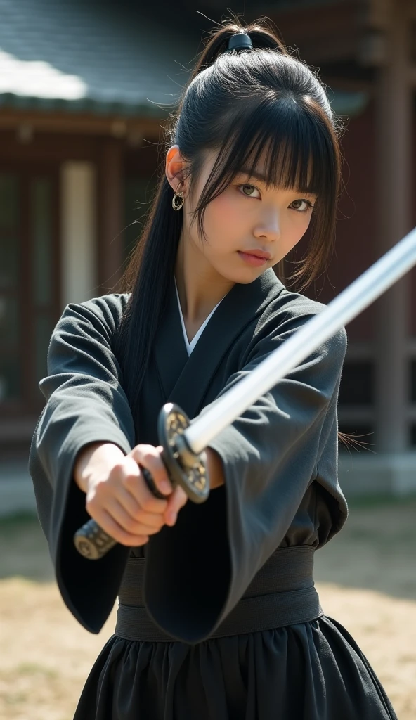 ((Perfect Anatomy:1.2,Realistic:1.4,RAW Photos:1.4,masterpiece、Highest quality、Ultra - High resolution、High resolution、Extremely detailed CG、8k))), 1 female,alone、1 Beauty,Japanese,((Beautiful and exquisite face and eyes:1.3,Gorgeous eyes:1.3,Grey Eyes)),Black Hair,Long Hair,Straight hair,ponytail,Blunt bangs,blush,(Medium chest,Slender body,Small Head:1.2,skinny),(Glowing Skin:1.4,Oily skin:1.5,Glowing Skin)、((holding a Japanese sword in one hand、A detailed depiction of a Japanese sword)),Slashing action pose:1.5、Kendo uniform、kimono、Black Hakama、shrine、domestic、Outdoor、