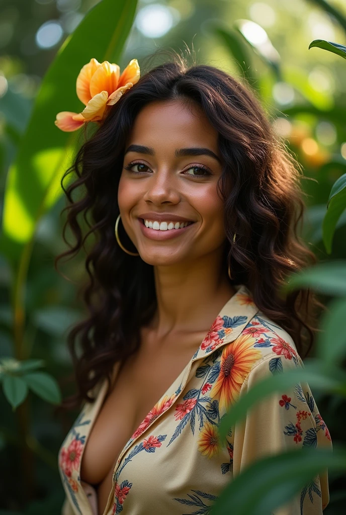 A Brazilian woman in a lush tropical garden, wearing an open shirt with a floral print, with a close-up capturing the harmonious beauty between her breasts and the natural flowers, showing off your natural charm and outgoing personality.