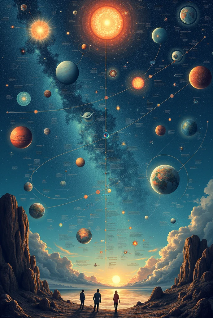 Make a timeline summarizing all the events from the origin of the universe to human evolution, organize the information in chronological order and graphically show the main processes that have occurred (aka use images/drawings). with more than 25 events