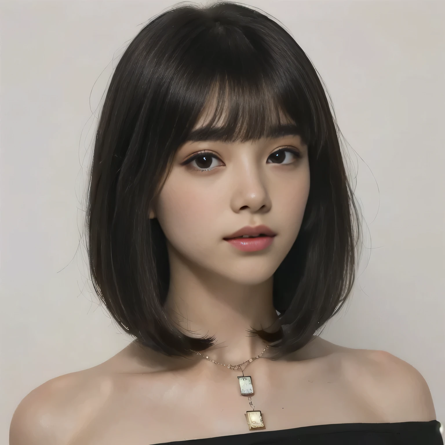 Close-up of a woman wearing a necklace around her neck, Short Hair, , she has black hair With bangs, neat hair With bangs, With bangs, , Short Hair With bangs, 