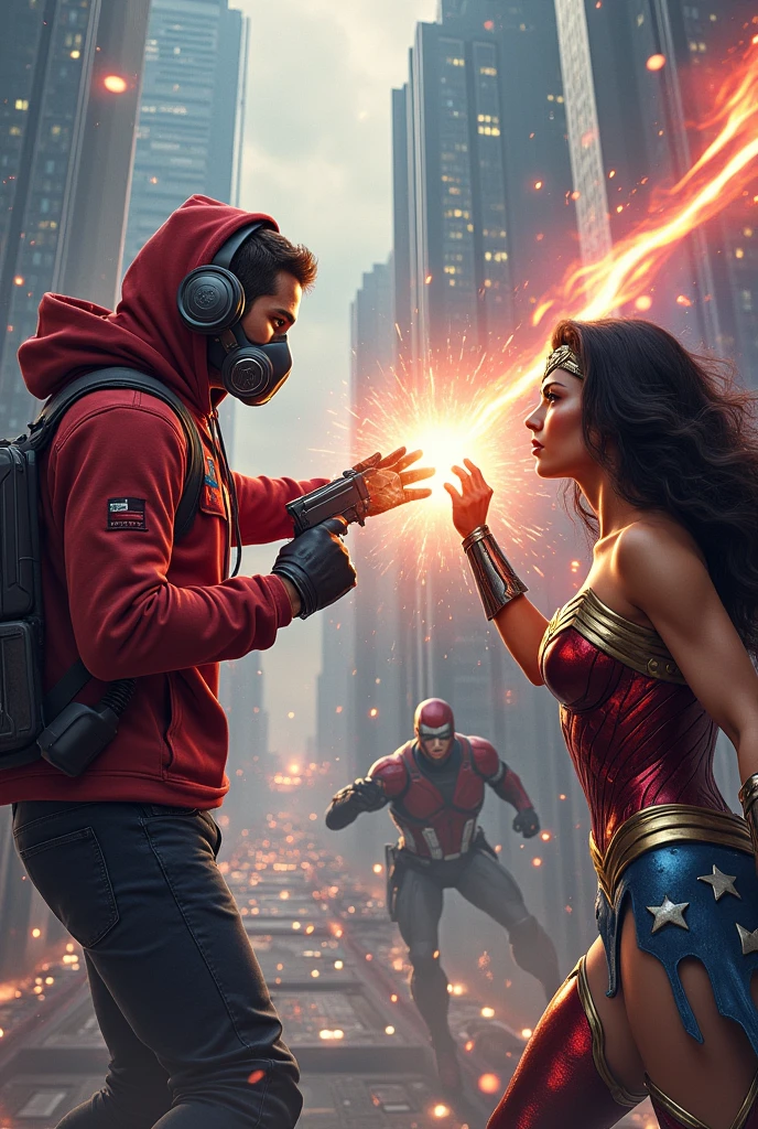 Young Star-lord with red hoodie, headphones, star-lord helmet, gas helmet, covered mouth, round red eyes, Red eyes, magic rings in the hands and rocket boots, Vs, Wonder woman (Big tits), Vs Avengers, Fighting, power, fiction, full body, 4 persons, magic lasso, hight, fall, fire in boots, poweful spells, fighting, realistic, helmet, mask, punch, gun, flying in the sky, magic portal, view of the city from above, hug