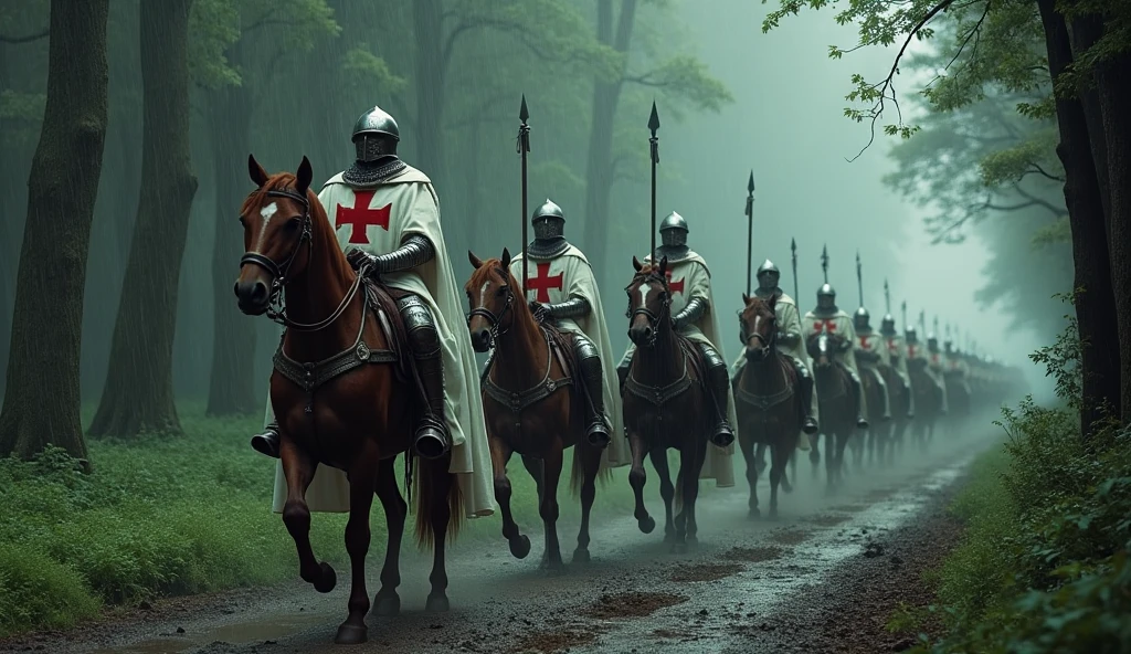 Knights Templar riding in caravan in a damp and rainy forest