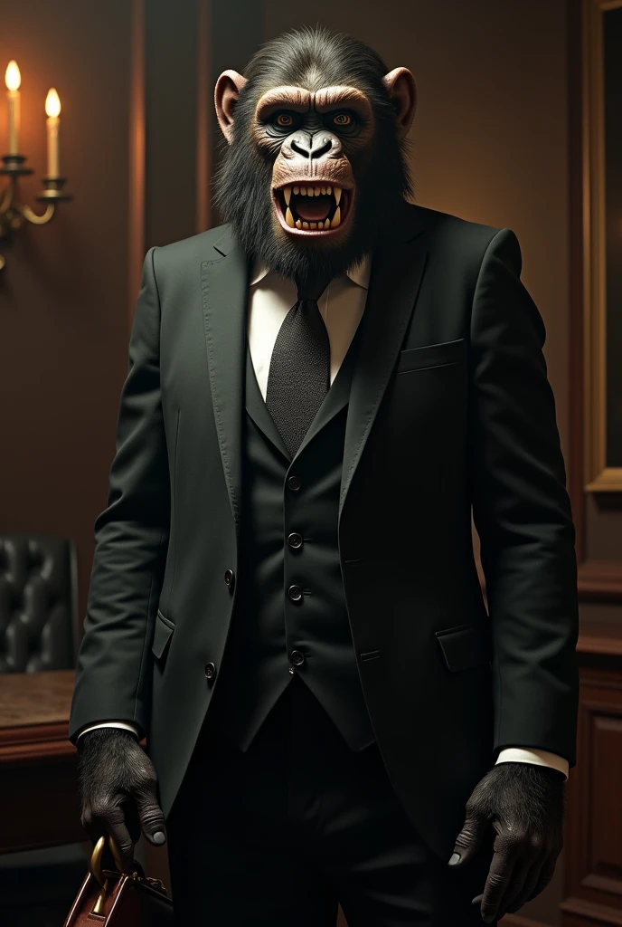 A man in a smart suit with an ape head
