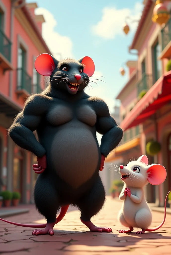 A tall muscular black rat showing off his muscles to his white rat girlfriend on the street, disney pixar style 3d.