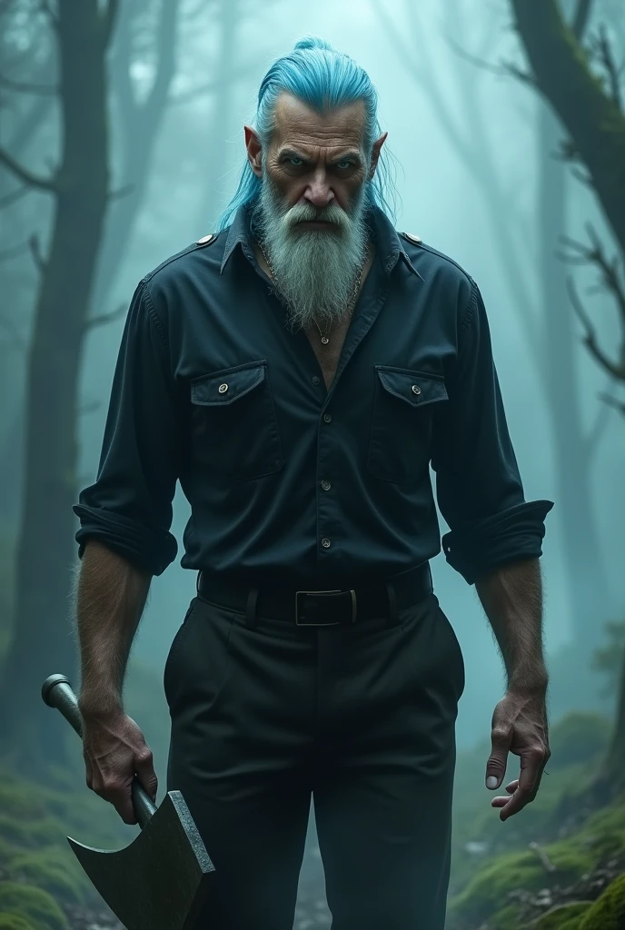 A handsome grandfather with blue hair and beard,with elegant black pants and shirt,bright green eyes,that is in a foggy forest,that has an axe,angry and scary looking and beardless and with a fancy bang