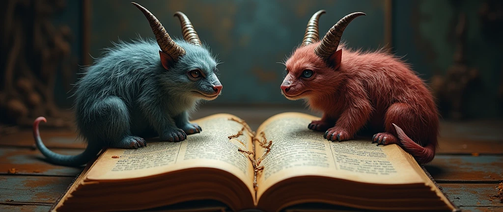 a grimoire of invocation, witchcraft, with furry demons on the cover