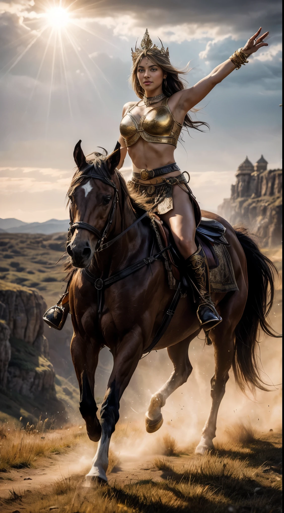 Create an image for a tarot card titled “The Sun” set in a fantasy world inspired by barbarian and witchcraft themes. The scene features a radiant young rider dressed in barbarian fashion., with skins, that embodies vitality and joy, riding a white horse in a sun-drenched landscape. The rider carries a waving red flag, that is outlined against the bright sun,
Spotlight, A field of golden wheat stretches out, with mythical and joyful beings that dance and celebrate under the sunlight, symbolizing abundance and happiness. Behind the car, A grand portal opens into a realm of dazzling crystalline structures and expansive, luminous vistas, that reflect the purity and energy of the sun. The atmosphere is vibrant and uplifting, and captures the essence of success, the enlightenment and unlimited energy of life. The style must be hyperrealistic, with detailed textures and a bright, radiant quality reminiscent of the art of Frank Frazetta, emphasizing the grandeur and warmth of the scene.