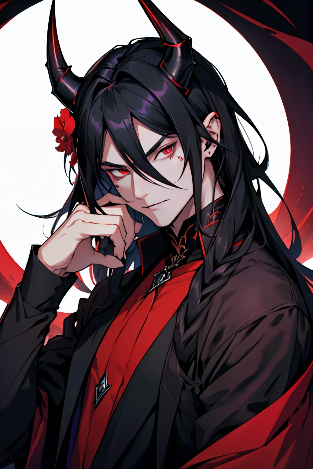 Humanoid Demon King, vampyre, demonic asas,  blackquality hair, Eyes red, anime styling, アニメ, hair flower, Demon horns, longye hair, naughty man