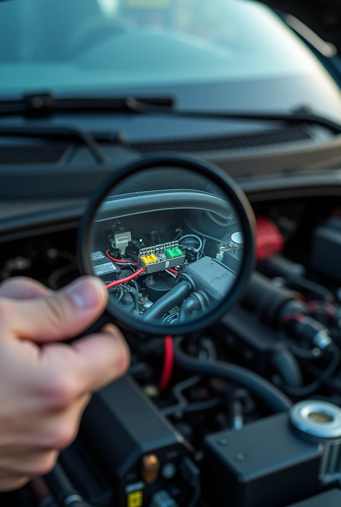 A human hand checking electrical circuits for an automotive harness under a magnifying glass and a car in the background