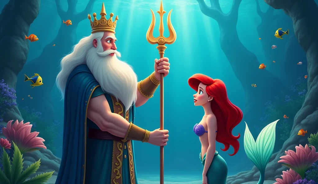 King Triton holding his trident while talking to his mermaid daughter Ariel