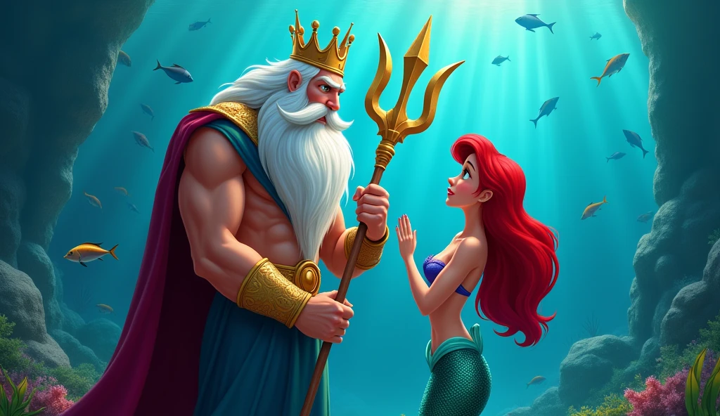 King Triton holding his trident while talking to his mermaid daughter Ariel