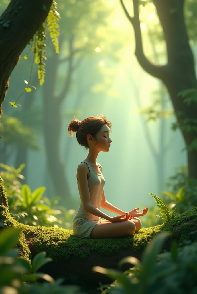 Create an animated human seeking peace in a forest