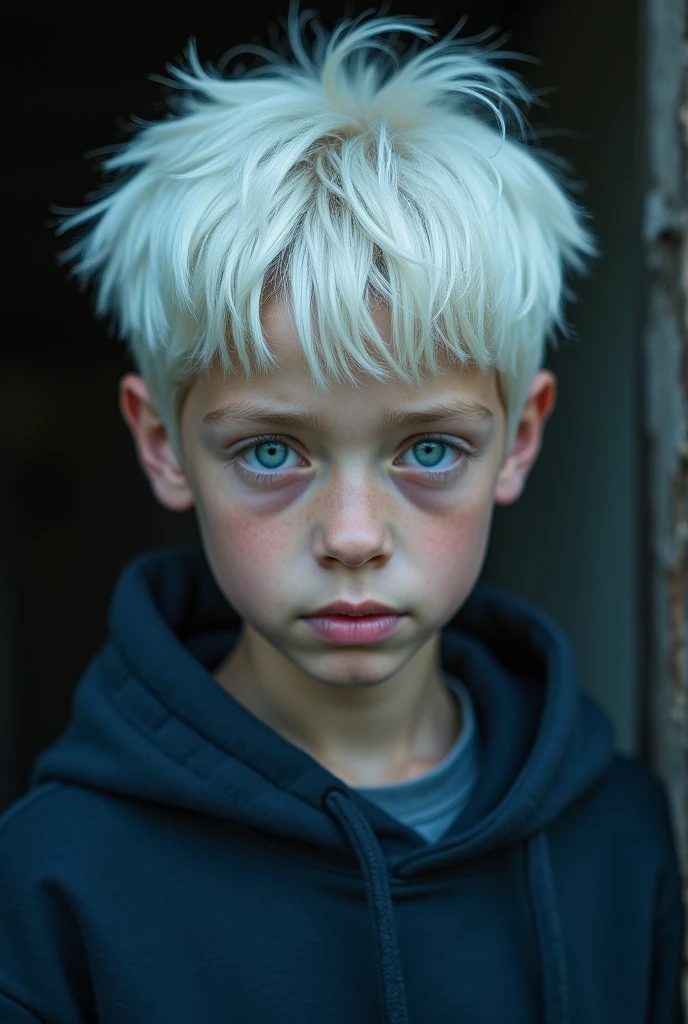 1 older boy, clear pupils, White hair, skin fair, unsmooth skin, simple background, portraite, blue light, masculine, appealing.