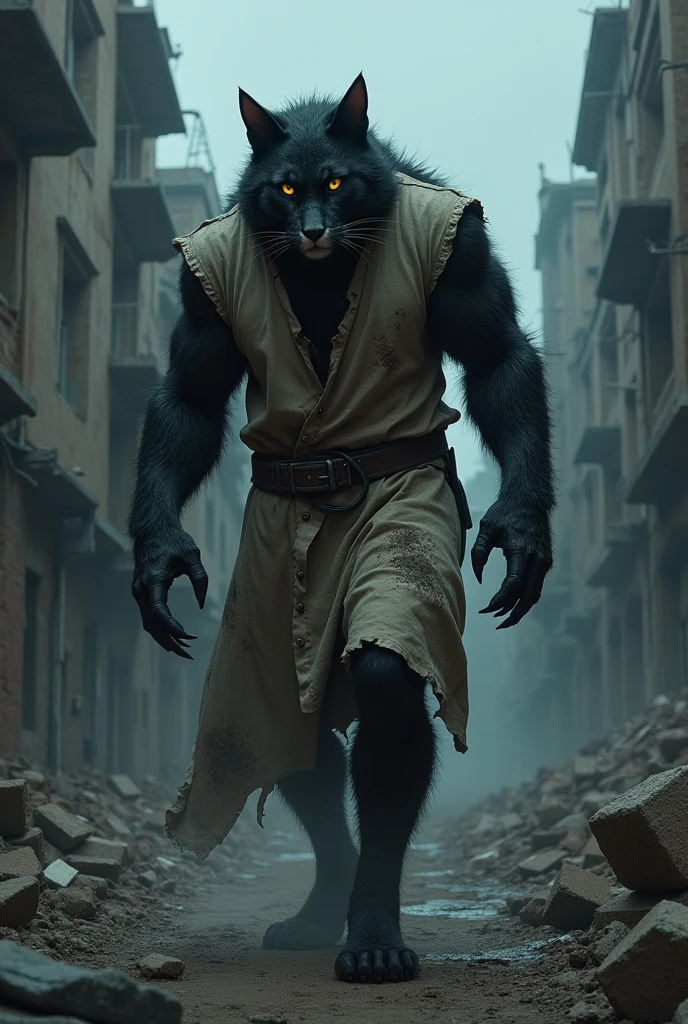 furry humanoid cat man with black fur, yellow eyes, big cat claws, Veterinarian's dress in the 1890s, thick build, high, stooped, gloomy, scratched, hurt. In the streets of an abandoned city at night. night sky, obscure, destroyed city, city attacked, hombre gato de apariencia high y stooped