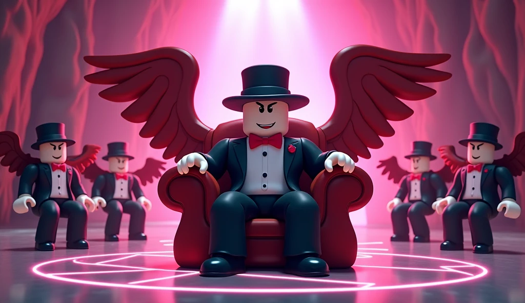 Beautiful tall and square Roblox male doll, with mobster clothes and a mobster and millionaire hat sitting on a circular multi-seat chair made of black leather, white skin, no mouth and beautiful body, powerful and arrogant pose, He is the king, sitting in a huge cave, cartoons, Vice City GTA, background of a cave with a dance floor, dance floor, party, mobster, pink colors, he is sitting with more winged mobster dolls on a large chair, watching a tumorrowland platform, electronics platform