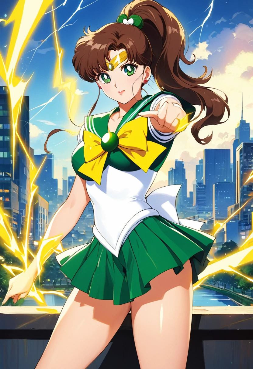 masterpiece, Highest quality, High resolution, ((Sailor Jupiter)),1990s \(style\),、(E-cup beautiful breasts)、tall、Hosomi、sexy、Anime-style painting style,Brown Hair、ponytail、A composition that shows the whole body、Composition from the front、The background is the city、Yellow lightning in the background、Finger guns,Shining Background、Glowing Skin、glamorous、gorgeous,(Blue flash from finger),Point your fingers forward、Cool pose、Stand with your feet shoulder-width apart、smile