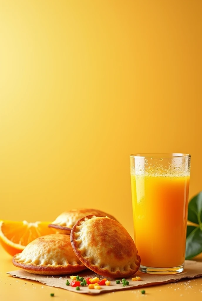 Poster with a picture of round empanadas and orange juice