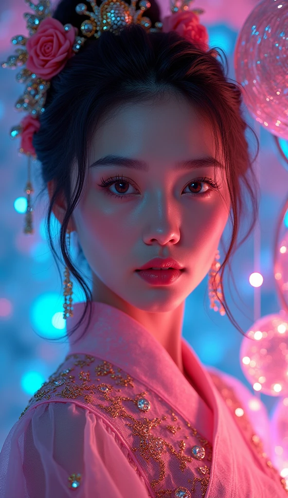 (masterpiece, Superior Quality, Best Quality, Official Art, Beautiful and aesthetic:1.2), (One girl:1.3), Very detailed,(Fractal Art:1.2),color,Most detailed,( ゼンタングルneon:1.2), (Dynamic pose), (neon abstract background:1.5), (National costume:1.2), (Glowing Skin), (たくさんのcolor:1.4), Upper Body ,neon,16K,Full HD