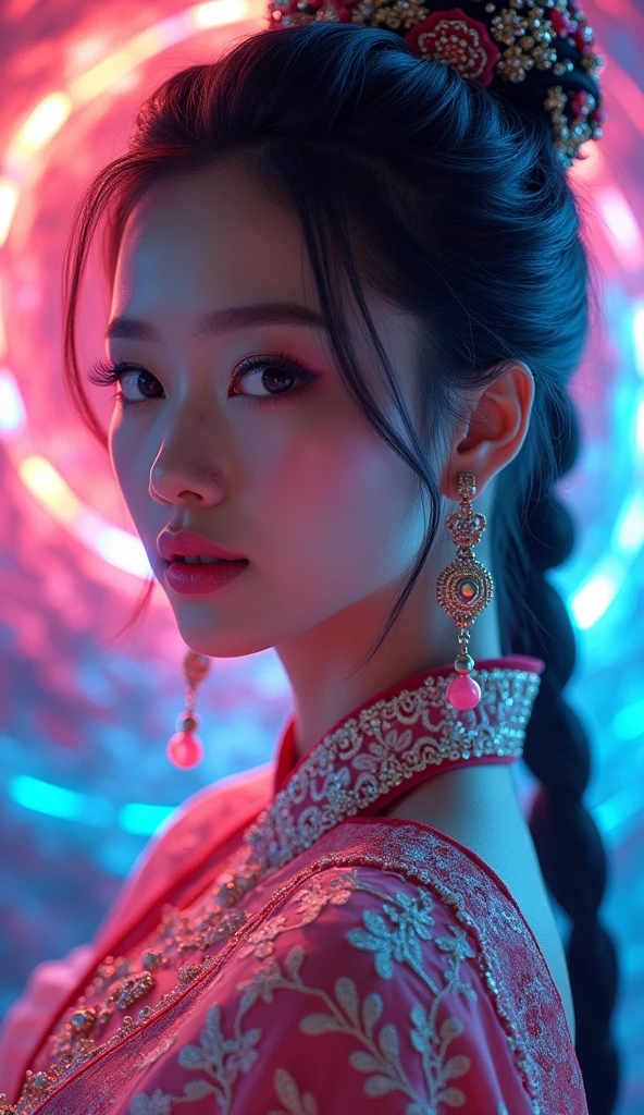 (masterpiece, Superior Quality, Best Quality, Official Art, Beautiful and aesthetic:1.2), (One girl:1.3), Very detailed,(Fractal Art:1.2),color,Most detailed,( ゼンタングルneon:1.2), (Dynamic pose), (neon abstract background:1.5), (National costume:1.2), (Glowing Skin), (たくさんのcolor:1.4), Upper Body ,neon,16K,Full HD