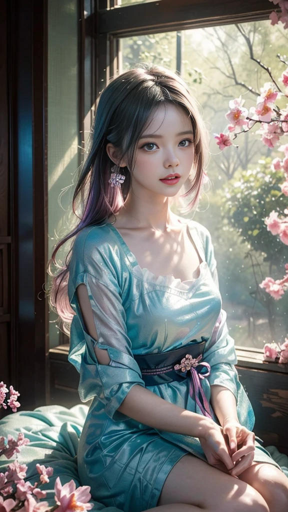 Add to_detail:2,1 Girl,detailed face,Princess,Taoism),flower, Platycodon ,Light pink and light blue style, Dreamy and romantic composition, light pink, ethereal foliage, Interesting arrangement,fantasy, High contrast, 墨迹Brushstrokes, explode, Overexposure, Purple and red tones impression , Abstract, ((John Burkey (John Berkey) and Jeremy Mann (Jeremy Mann) Watercolor )) Brushstrokes, Negative Space