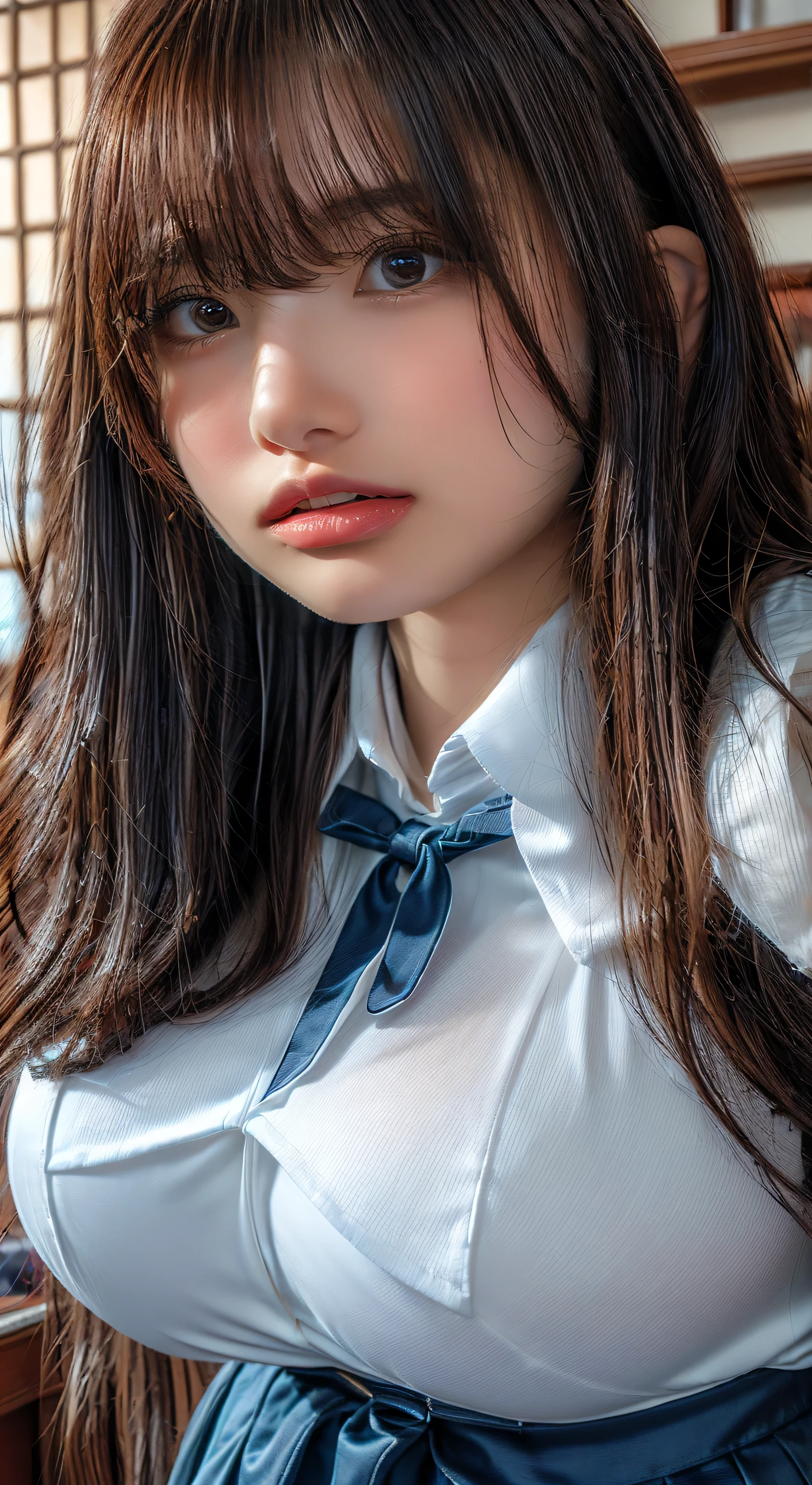 (Highest quality、Tabletop、、Best image quality、Award-winning works)、Extremely cute and lewd high school girl、White polyester collared shirt ripped because her breasts were too big、Short sleeve:1.4)、(Navy Pleated Skirt:1.1)、Girl portrait photography、Glowing Skin、Brown Hair、Are standing、Look at the audience with a big smile on your face、Sculpture Pose、(Music room background:1.45)、(Very obscene and huge breasts bigger than her face:1.95)、Accentuate your body lines:1.15)、Very large red ribbon tie、Very long hair:1.75、A very obscene expression of wanting to go somewhere