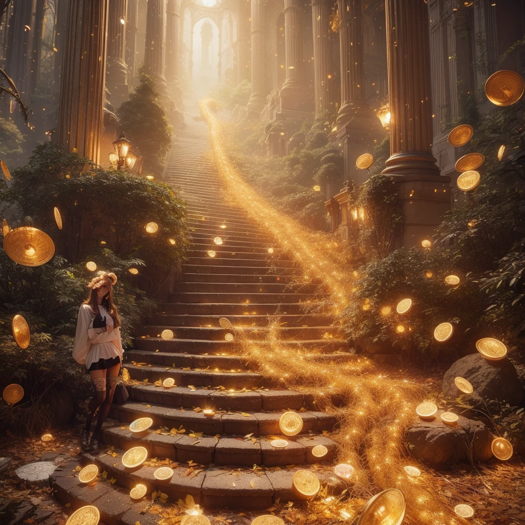 8k, masterpiece, RAW Photos, Highest quality, Realistic, extremely detailed CG unity 8k wallpaper, Depth of written boundary, Cinematic Light, Lens flare, Ray Tracing, (Very beautiful face, Beautiful Lips, Beautiful Eyes), Exquisitely detailed face, ((Highly detailed skin)) One girl, In the Dark, Deep Shadow, Cute Asian Girl, 1 girl, (Very slim slender fit-muscled body:1.3), ((View your viewers)),(Big smile:1.3), (Short skirt ), (white mini skirt ), (mini skirt ), pantyhose, Clear Eyes, walk , Front shot, (Pale skin), (Big eyes), Look forward, ((Big shirt)), (Brown Hair), (View your viewers:1.3) Very slim, Medium chest, (Camel Toe), Thick thighs, Lace Stockings, sunny, Back view, Cheerleading Clothes、Surrounded by shining gold bars