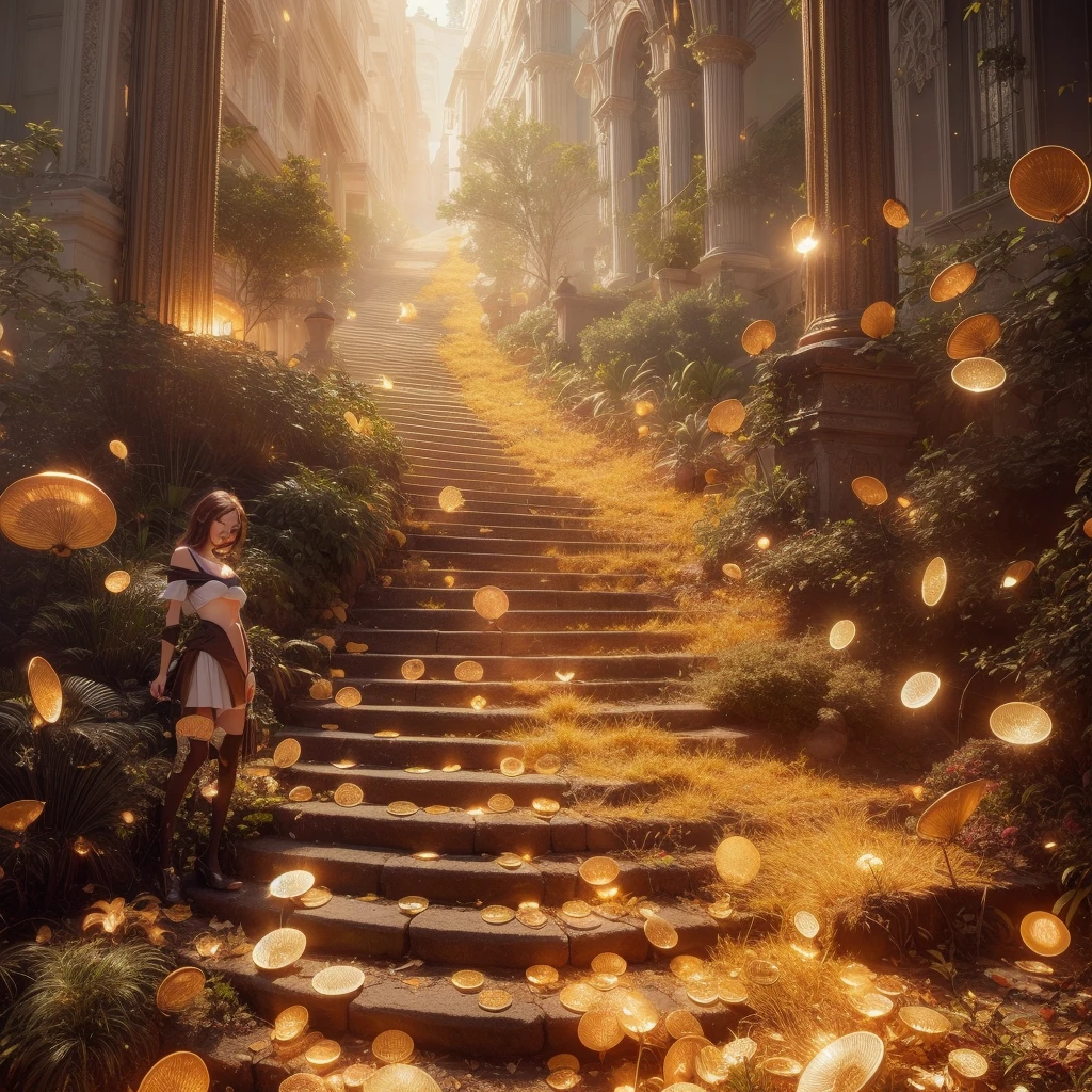 8k, masterpiece, RAW Photos, Highest quality, Realistic, extremely detailed CG unity 8k wallpaper, Depth of written boundary, Cinematic Light, Lens flare, Ray Tracing, (Very beautiful face, Beautiful Lips, Beautiful Eyes), Exquisitely detailed face, ((Highly detailed skin)) One girl, In the Dark, Deep Shadow, Cute Asian Girl, 1 girl, (Very slim slender fit-muscled body:1.3), ((View your viewers)),(Big smile:1.3), (Short skirt ), (white mini skirt ), (mini skirt ), pantyhose, Clear Eyes, walk , Front shot, (Pale skin), (Big eyes), Look forward, ((Big shirt)), (Brown Hair), (View your viewers:1.3) Very slim, Medium chest, (Camel Toe), Thick thighs, Lace Stockings, sunny, Back view, Cheerleading Clothes、Surrounded by shining gold bars